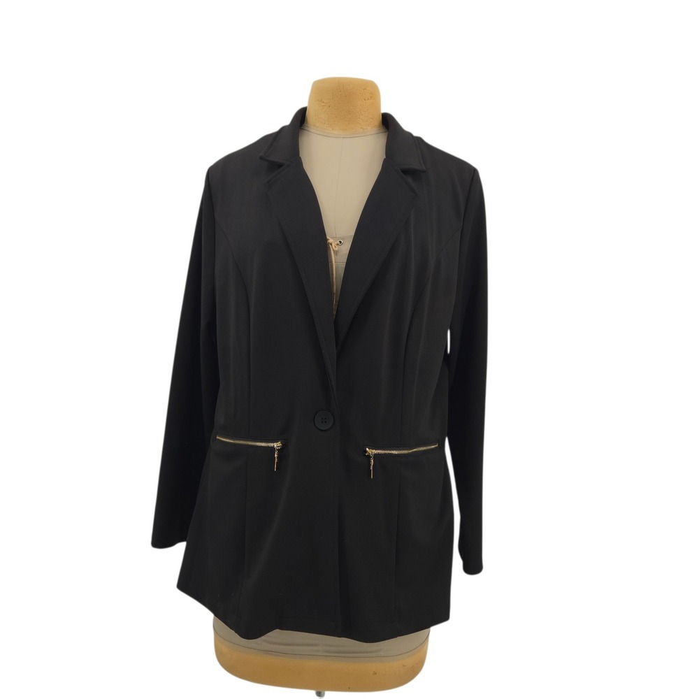 Genhoo Black‎ Blazer Jacket Women XXL Single Button Gold Zipper Pockets Career